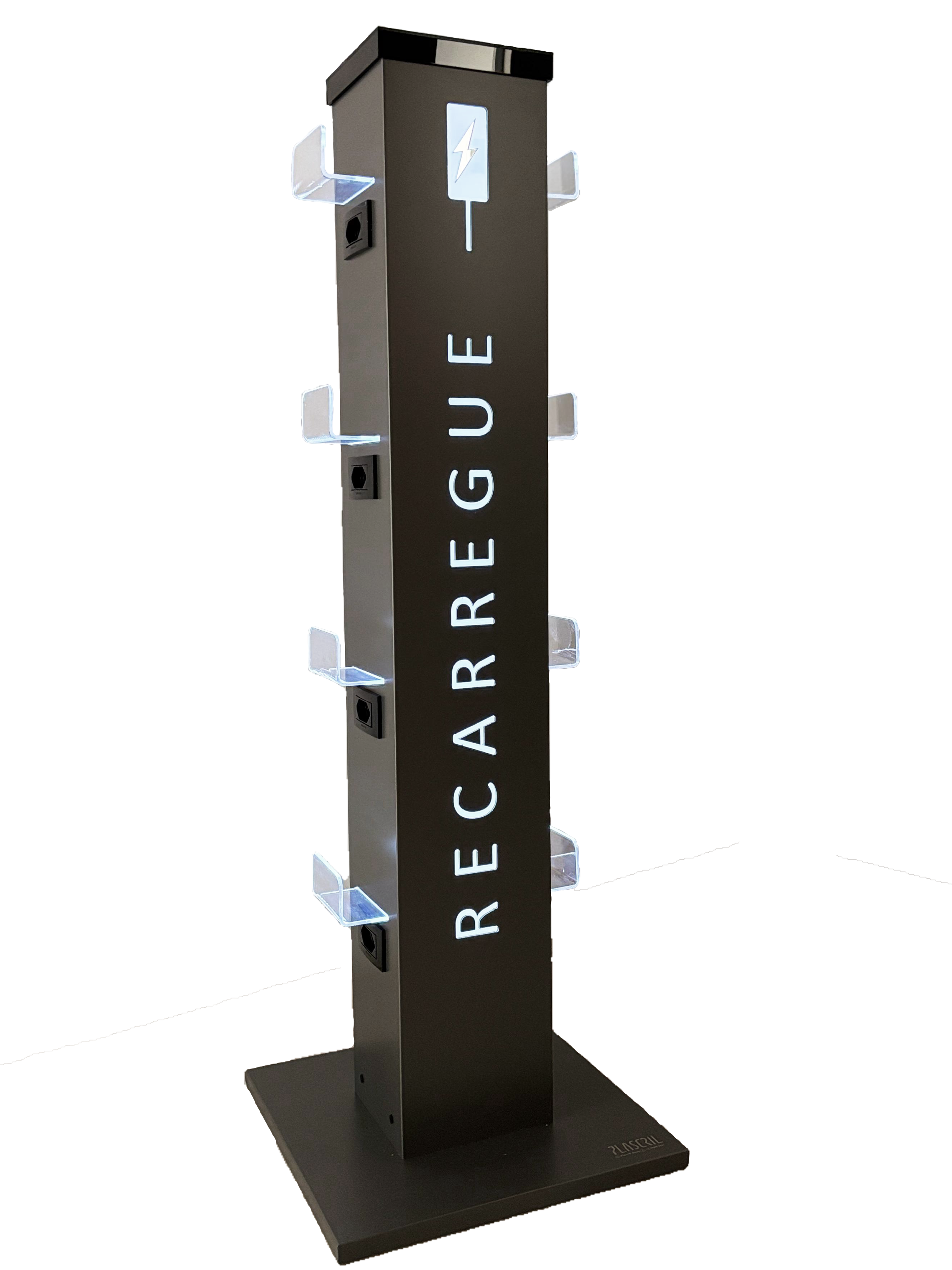 Totem Carregador de Chão Cinza com Tampa Preta Aceso